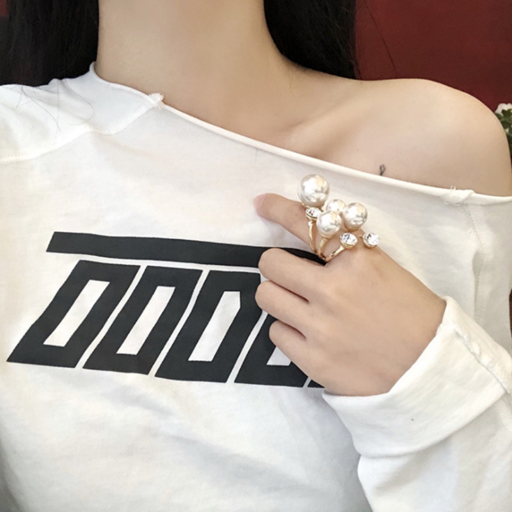 Cincin Model Terbuka Aksen Mutiara Dan Berlian Gaya Korea