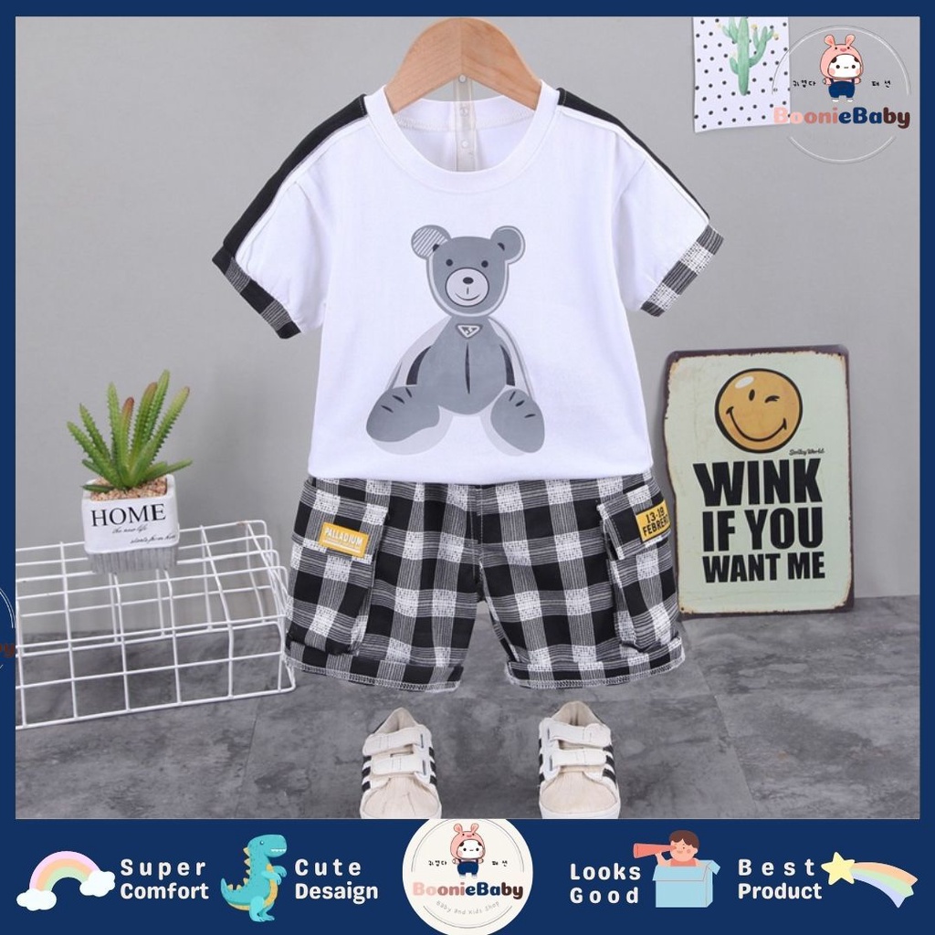 boonie SET RETRO BEAR EBV Setelan Kaos Anak Bayi Laki-laki Pendek 6bulan - 4tahun