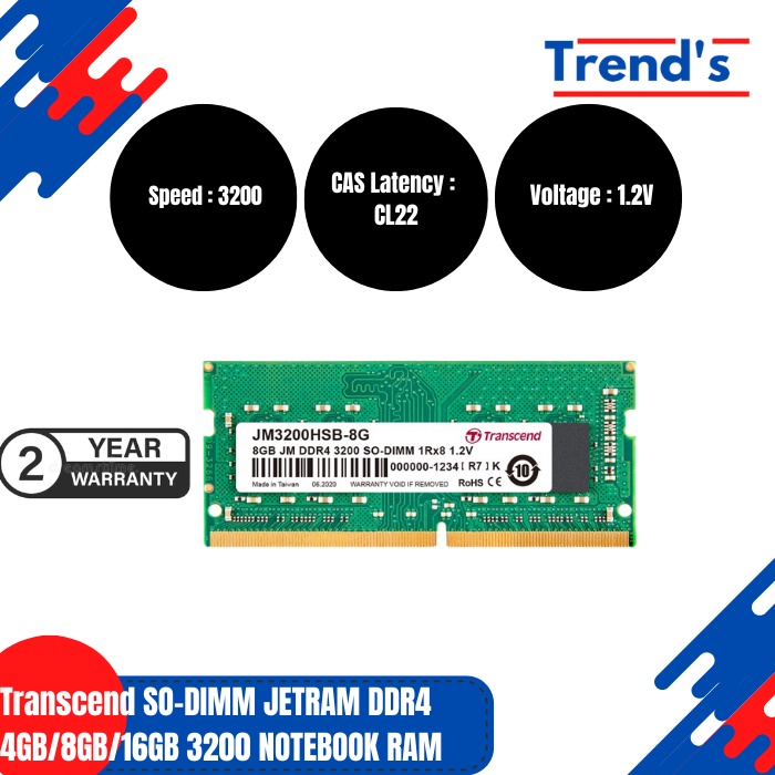 Transcend SO-DIMM JETRAM DDR4 4GB/8GB/16GB 3200 NOTEBOOK RAM