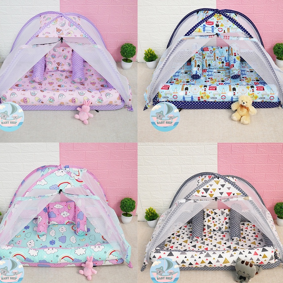 Kasur Bayi Kelambu Tenda / Tempat Tidur Bayi Set Bantal Guling Free Tas Mika [ Merk babySHip ]