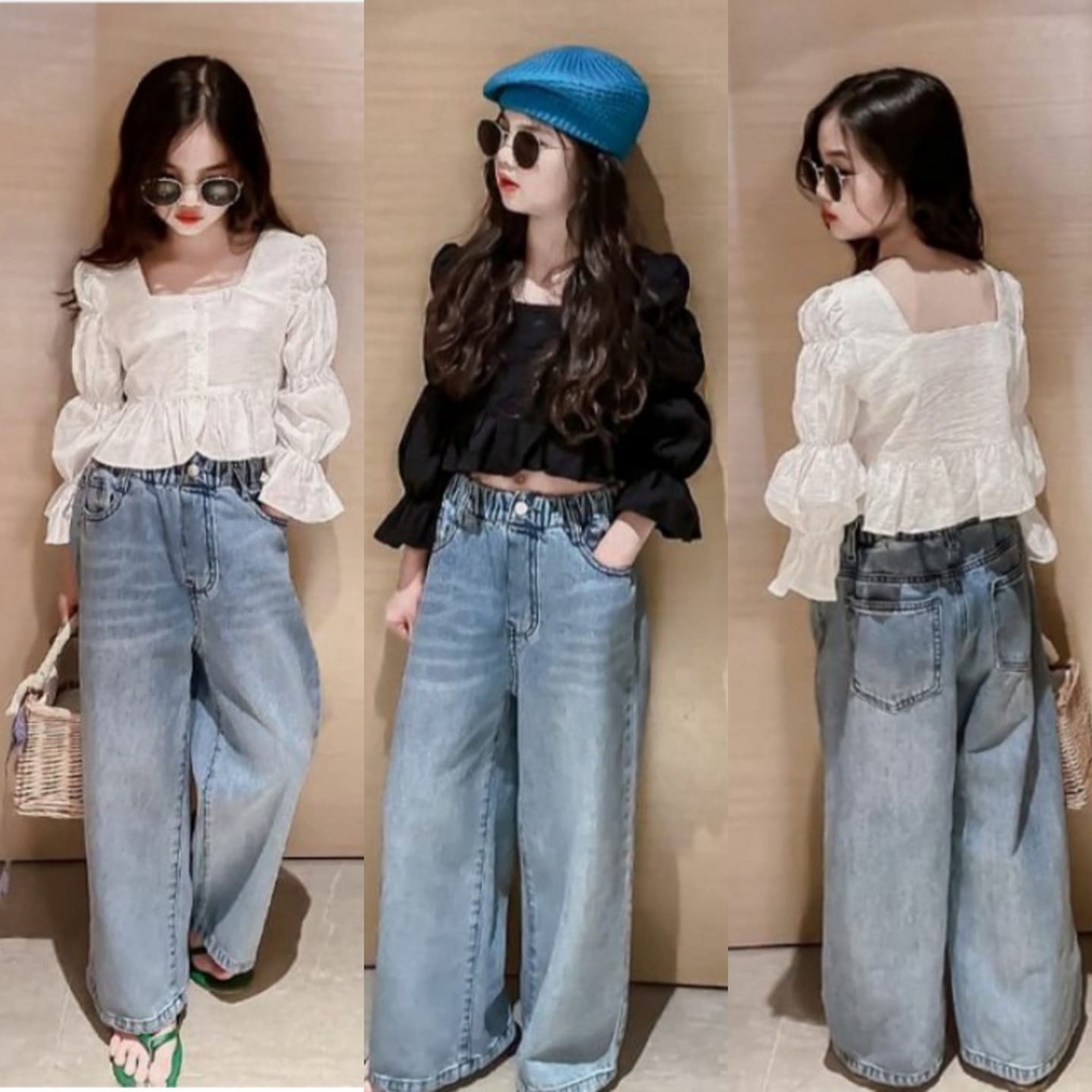 SSP24-Setelan Set Anak Remaja Besar Tanggung Perempuan Puffy Blouse + Jeans Straight Cut