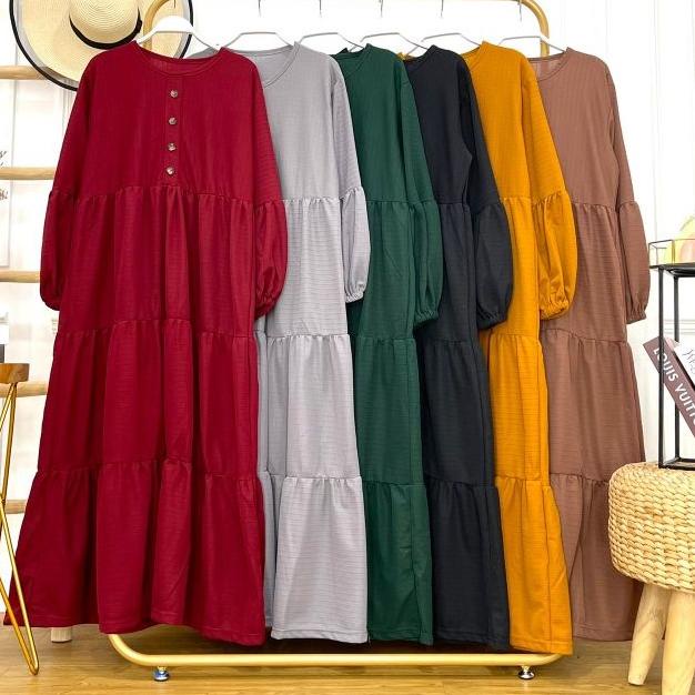 Gamis jumbo mayung model kancing rempel 3 susun polos lengan balon bahan waffle merk cocobee (kode 7