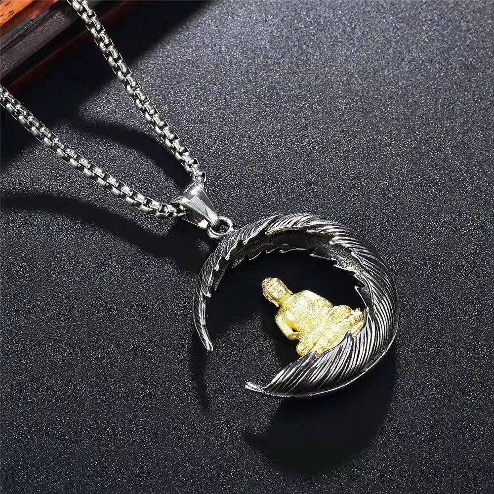 Kalung Liontin Bulan Buddha Lapis Perak Emas Gaya Hip Hop Untuk Pria