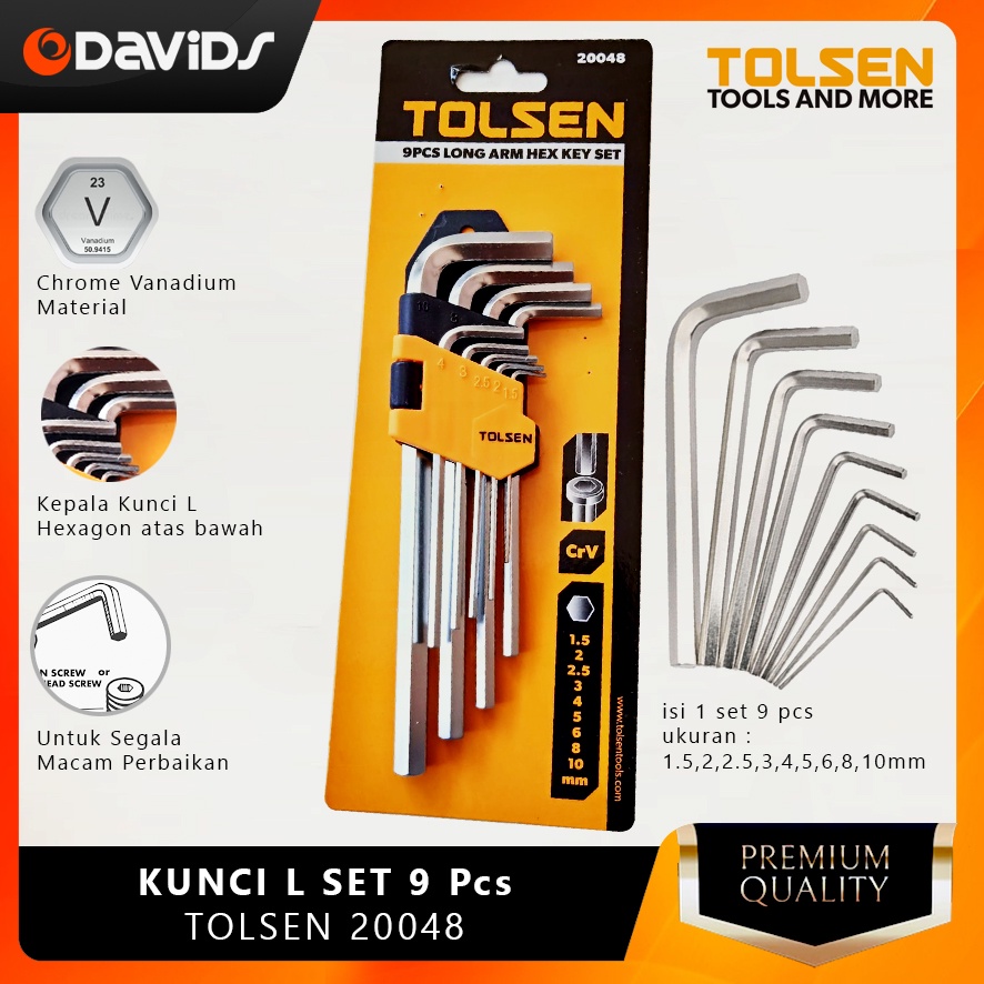 Kunci L Set Panjang Konci Baja Long Hex Key 9 Pcs Crv 20048 Tolsen
