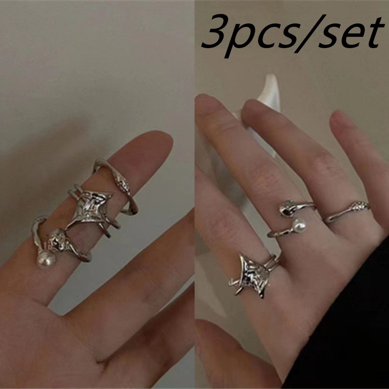 3pcs / Set Cincin Jari Bentuk Geometri Aksen Mutiara Bahan Alloy Gaya Korea Untuk Wanita