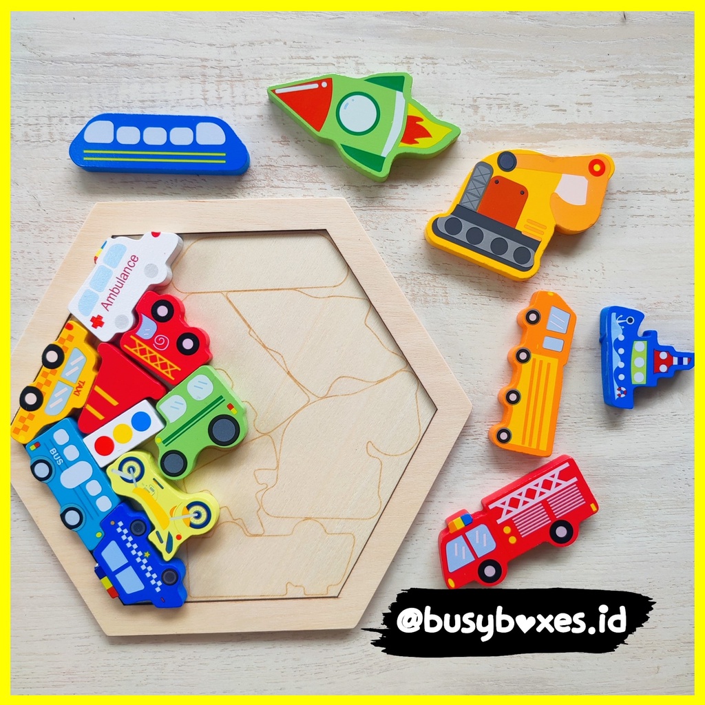 Busyboxes.id Mainan anak edukasi anak 1 2 3 tahun laki laki perempuan mainan edukasi Montessori puzzle jigsaw 3d  transportasi kendaraan hexagonal