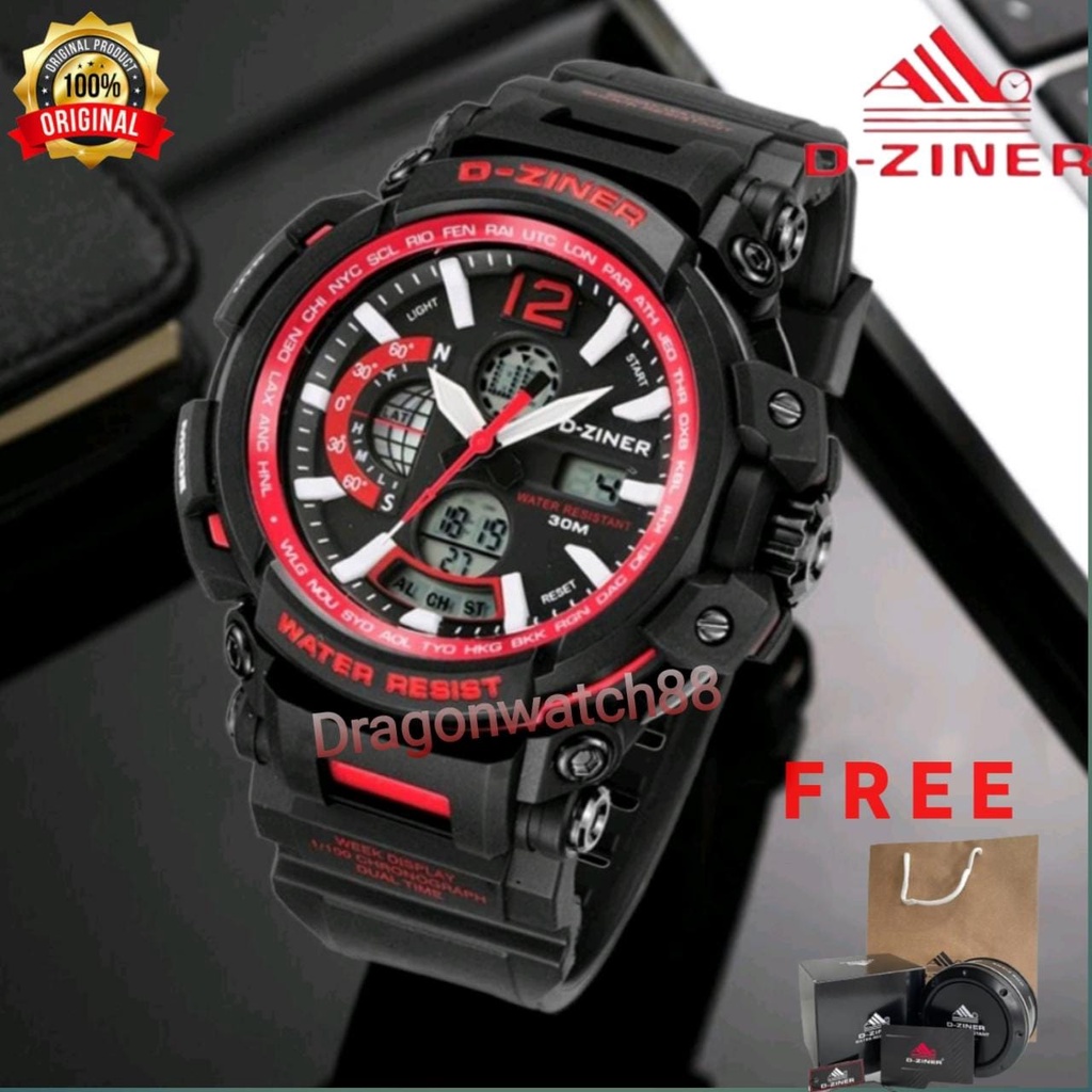 WATER RESIST JAM TANGAN PRIA DZINER 8228 ORIGINAL DIGITAL DUAL TIME METAL RUBBER JAM TANGAN D-ZINER DIGITAL ANALOG ANTI AIR FREE BOX ORIGINAL + KARTU GARANSI