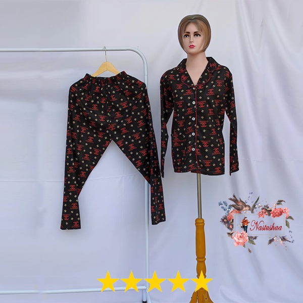 Stelan Baju Tidur Dewasa / Piyama / Pajamas / NIGHT GOWN / Babydoll / Piyama Set Motif Branded Bahan Katun Jepang Lengan Panjang Busui Friendly All Size