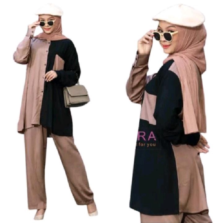 Setelan Basic / Baju Stelan / Basic Daily Set (Baju + Celana) Set Wanita Terbaru // Stelan Kemeja Polos Rayon Kombinasi LATIFA-FASHION006