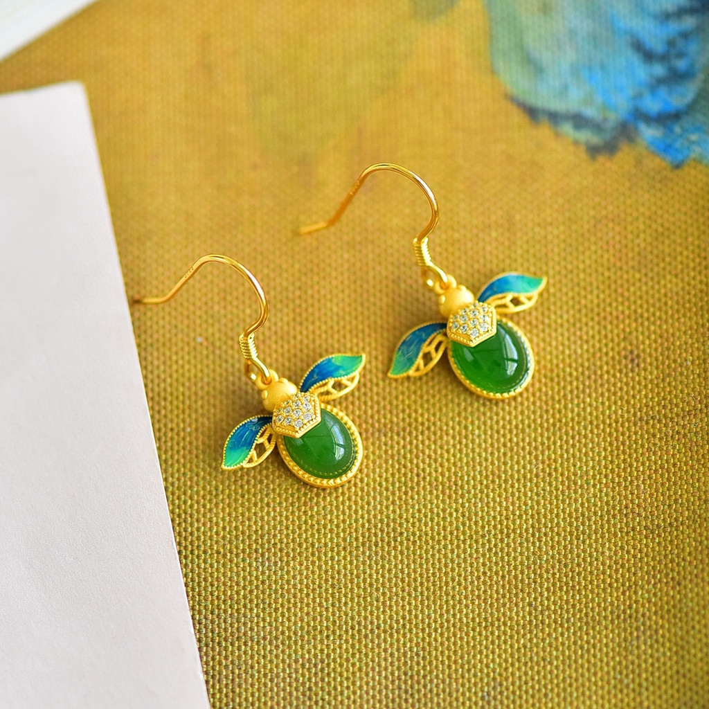 Goldkingdom Perhiasan Fashion Emas Asli Kadar 375 Bangkok Aksesoris Ready Stock Honey Bee Retro Anting Wanita Jasper Alami Gilt Enamel Cloisonne