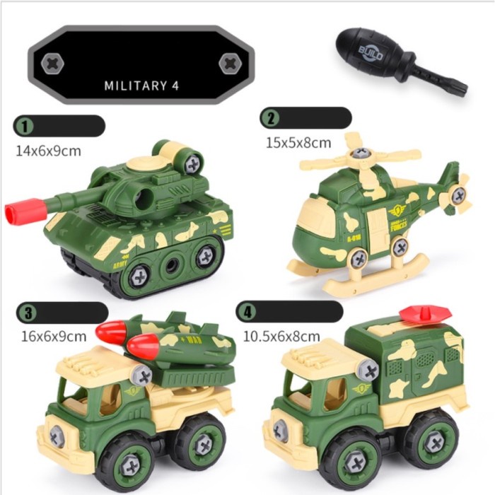Trendi Assembly Truck Army 4 In 1 Mainan Merakit Mobil Baut Obeng Anak Diy Hemat