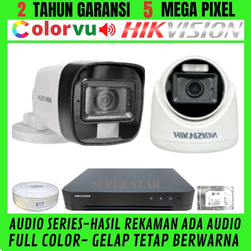 PAKET CCTV HIKVISION COLORVU 4 CHANNEL 2 KAMERA 5MP AUDIO  FULL COLOR SIANG MALAM BERWARNA