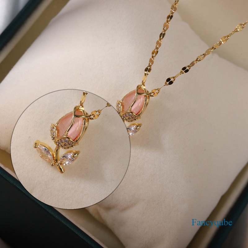 Fancyqube Kalung Opal Zircon Bentuk Tulip Gaya Korea Untuk Wanita