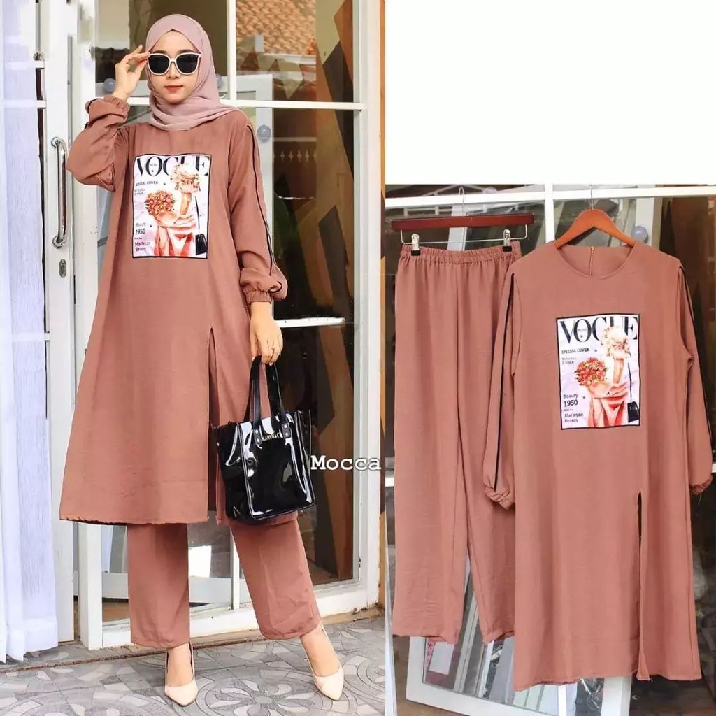 Virgia Set Stelan tunik wanita muslimah bahan Crinkle Fashion wanita muslimah terbaru