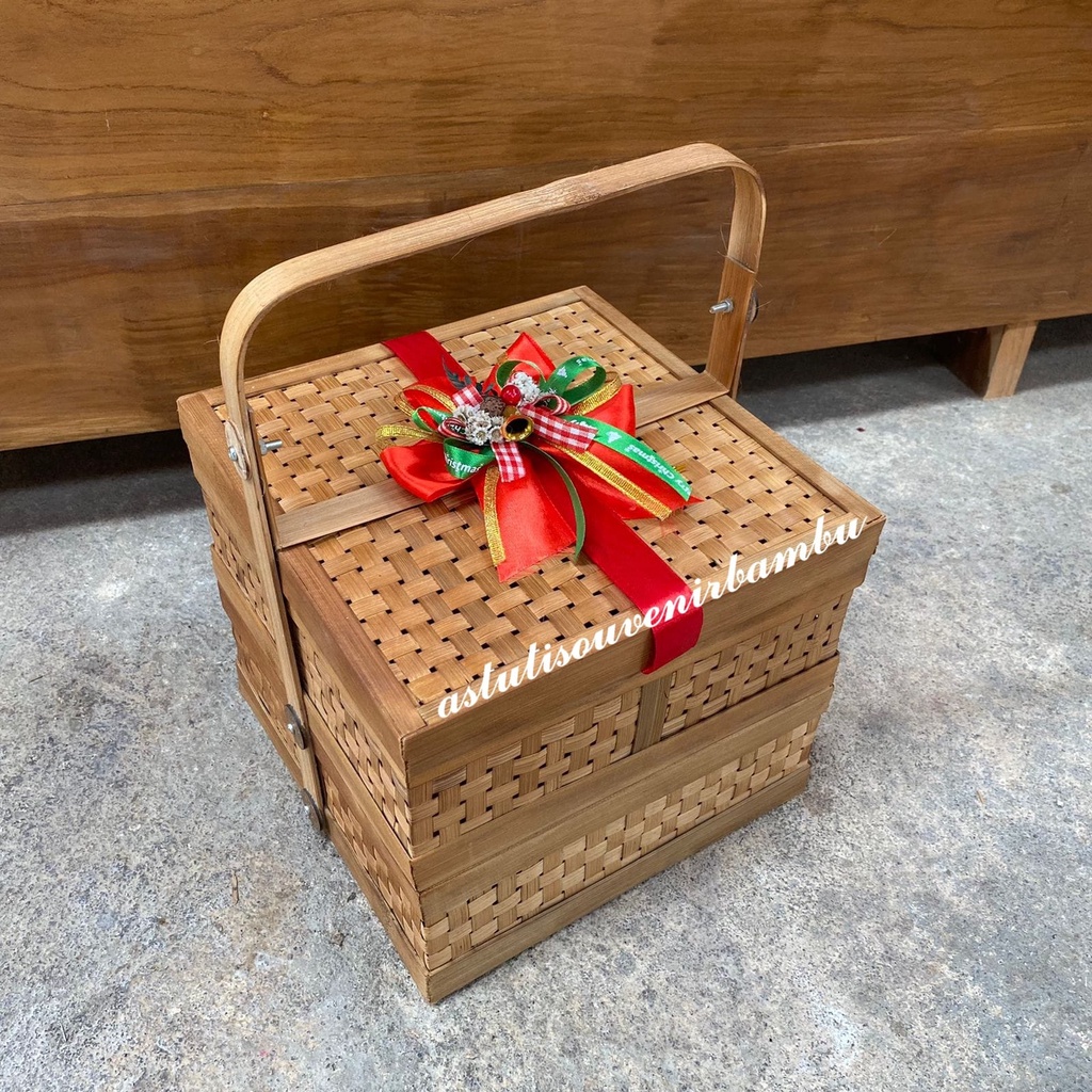 [ SPESIAL CHRISTMAS ] RANTANG KOTAK 2 SUSUN 25CM HIAS PITA NATAL | rantang makan | hampers natal