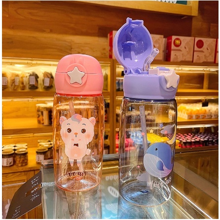 Botol Air Minum Anak Dengan Sedotan Ukuran 500 ml BPA Free Botol Minum Plastik Motif Karakter Lucu Imut Botol Minum Anak Warna Warni