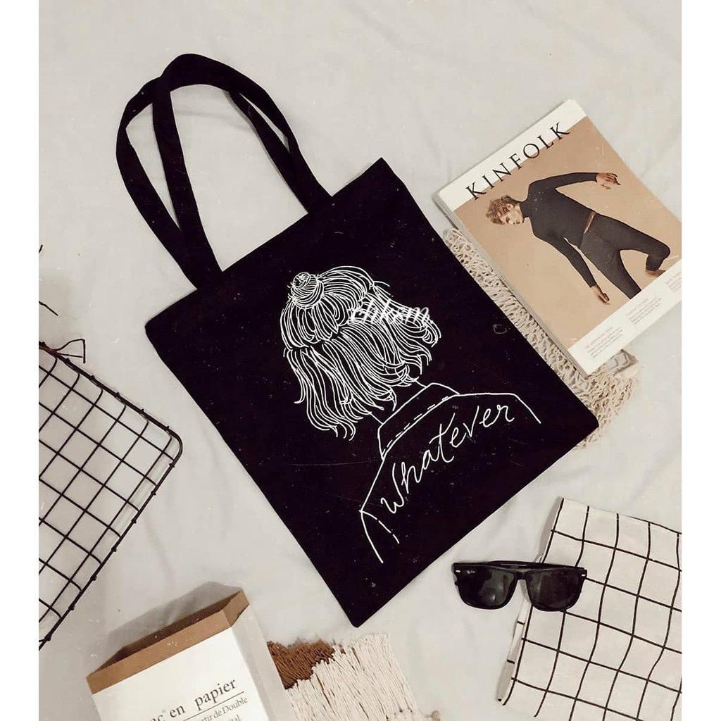 Totebag Kanvas Motif Warna Hitam  | Tas Bahu Remaja Pria Wanita