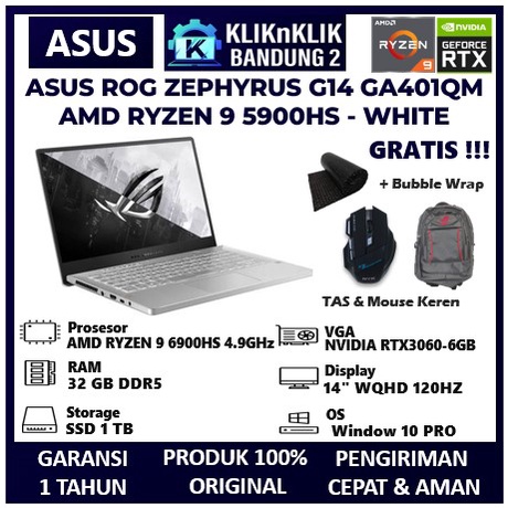 LAPTOP GAMING ASUS ROG ZEPHYRUS G14 AMD RYZEN 9 5900HS RTX3060-6GB ANIME MATRIX RAM 32GB SSD 1 TB