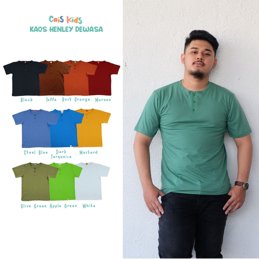 Kaos henley anak dan dewasa polos berkancing perempuan laki-laki bahan kaos katun combed 30s