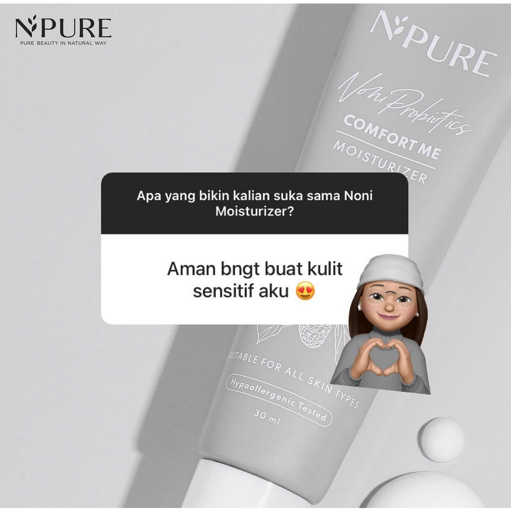 B23 N'PURE noni probiotics comfort me moisturizer npure pelembab wajah serum bpom murah muka essence kecantikan termurah chamomile melembabkan bekas jerawat menyamarkan noda hitam anti aging kerutan garis halus