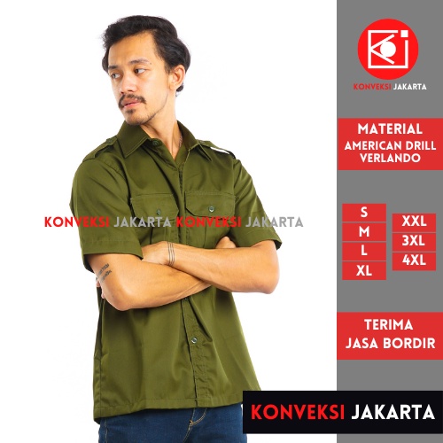 Baju Kemeja PDL Lengan Pendek Pria - Seragam Pakaian Kerja Taktikal Tactical Dinas Lapangan Outdoor Gunung Bahan American Drill Warna Hijau Army - Konveksi Jakarta Official