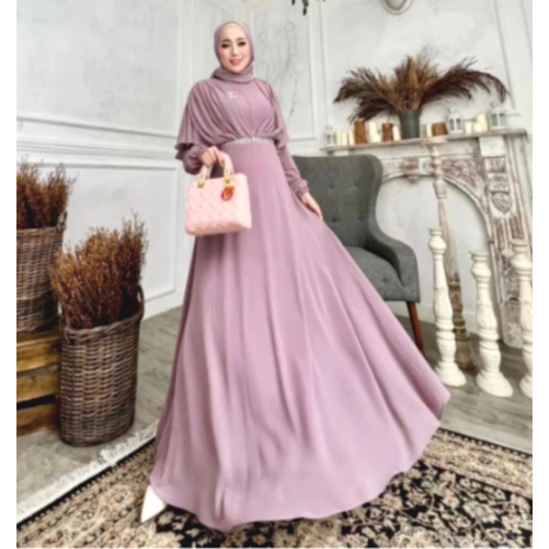 Gamis Maxi Dress Ceruty Plum Ungu Muda Kondangan Lebaran Jumbo XL XXL XXXL 5L 3XL 4XL Simpel Origina