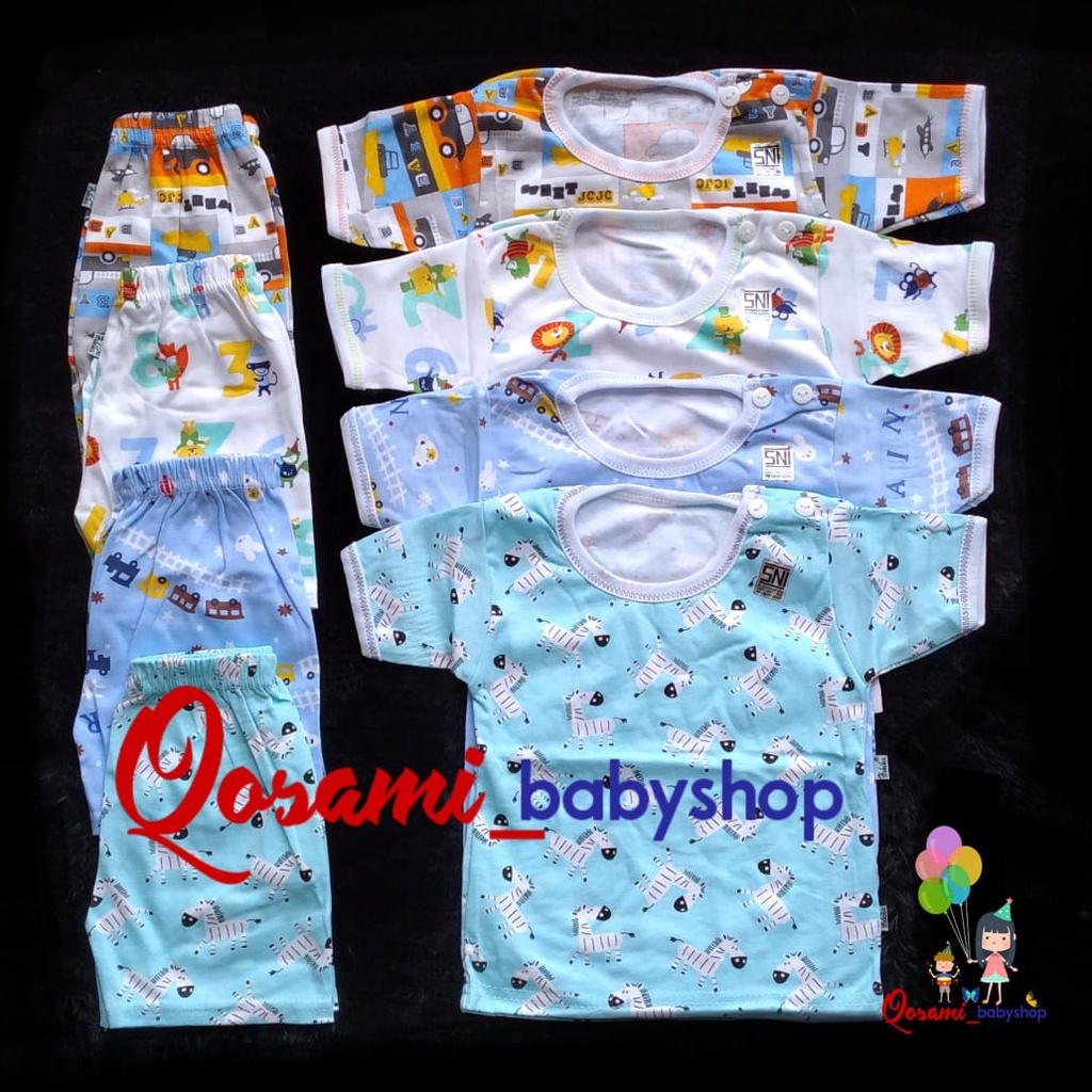 HOKIKU ( 1 Setel ) Cowok Setelan Pendek Bayi Newborn 0 - 4 Bln Motif Full Print SNI