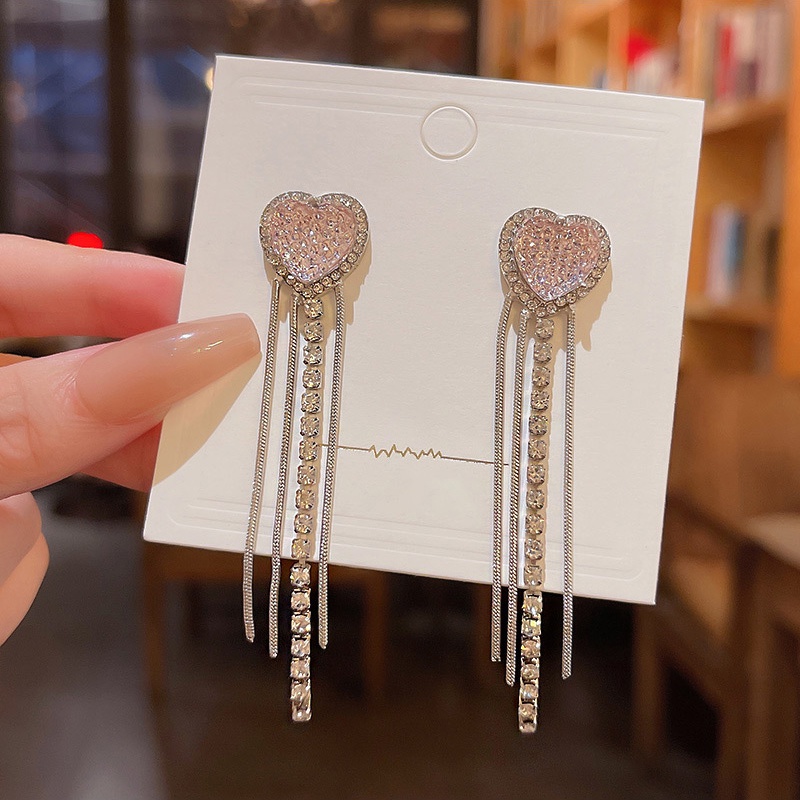 Anting Stud 925 silver needle Model Rumbai Panjang Bentuk Hati Warna Pink Untuk Wanita