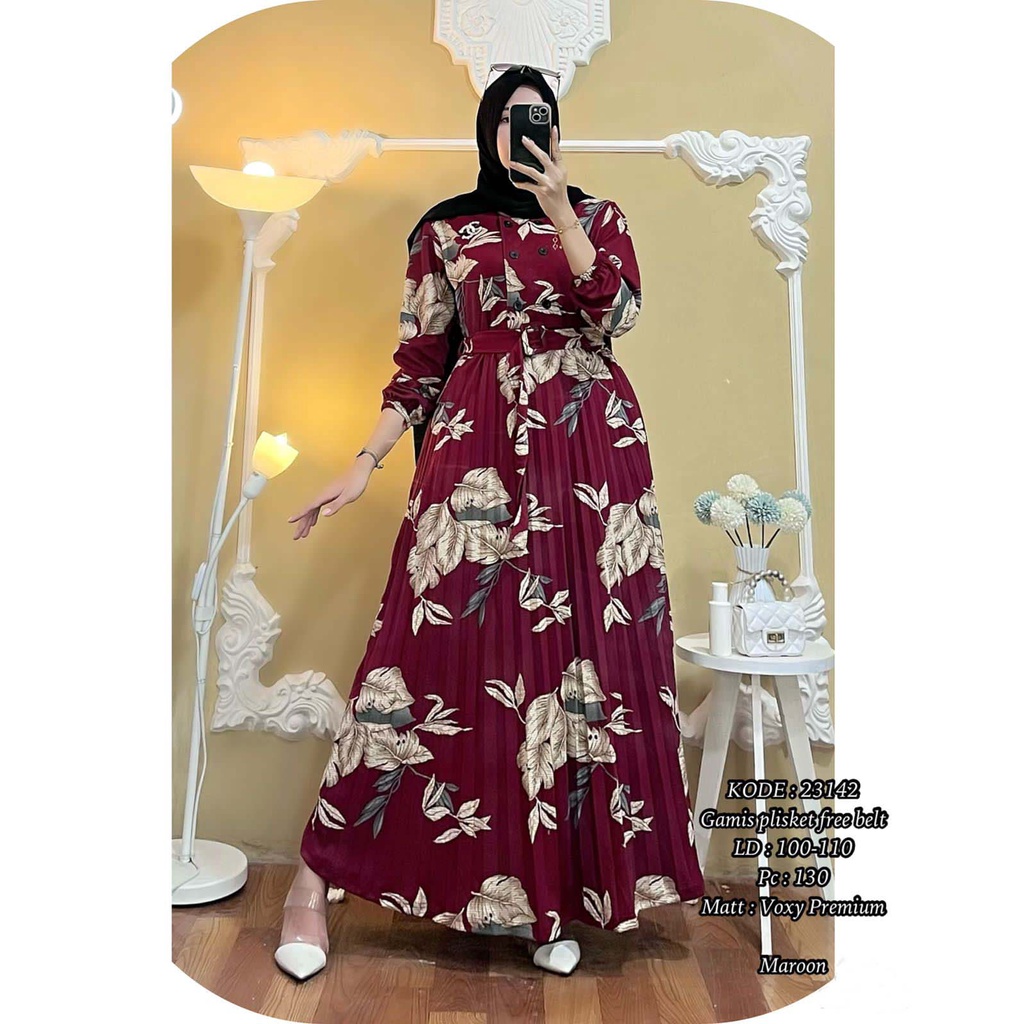 GAMIS Homey Dress 23142 Plisket Motif Daun - Bahan Voxy Premium - Baju Harian dan Kondangan Termurah