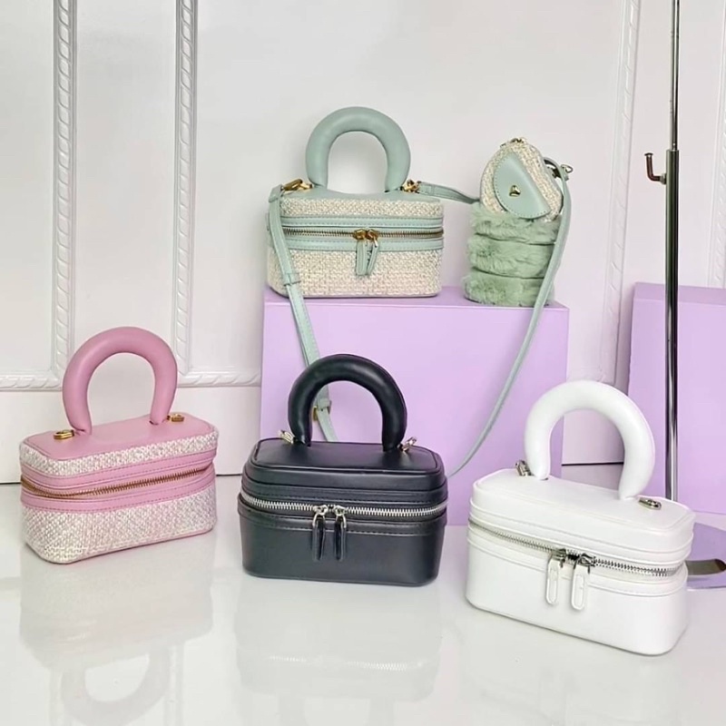 Tas Kulit Bulu Rasfur Kotak Selempang Wanita PDR Tweed Leather Boxy Slingbag Premium Import, Hitam B