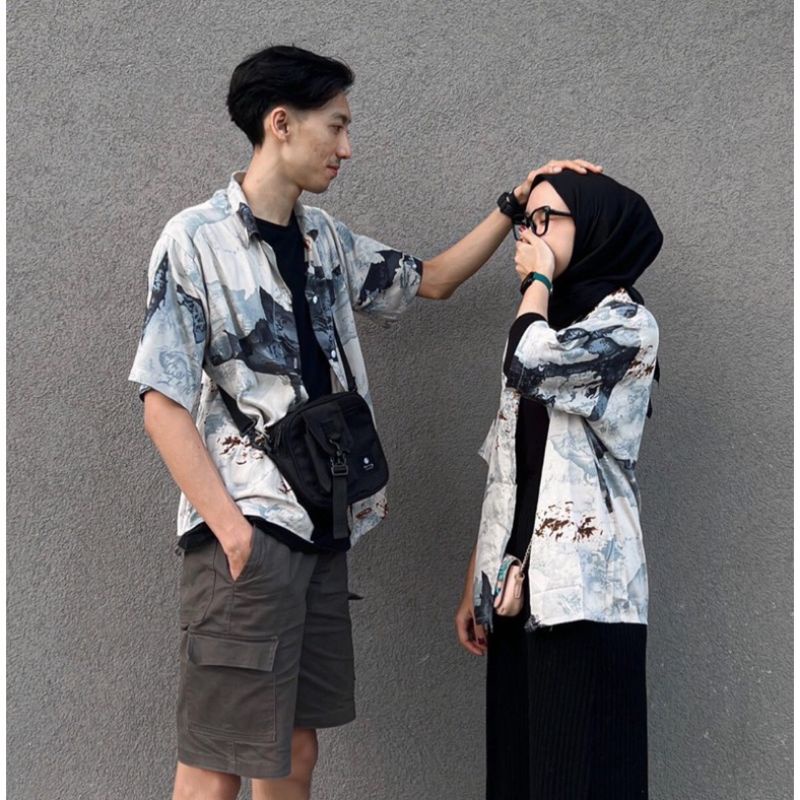 Kemeja Pria Vintage Casual Abstark Lengan Pendek Retro Pantai Hawai Unisex