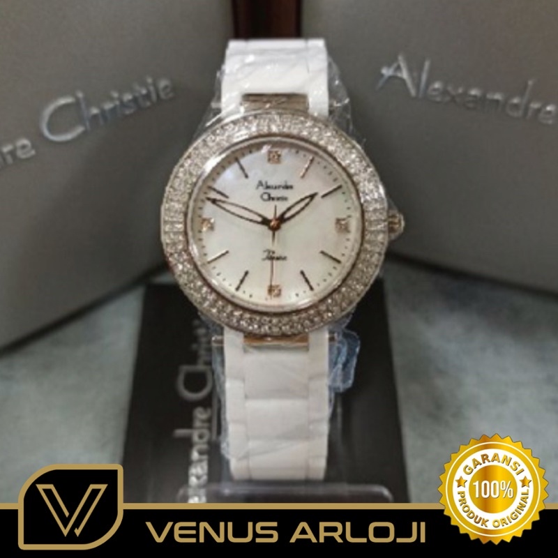 Jam Alexandre Christie AC 2323 LH BSS Wanita Silver Bulat Keramik Putih