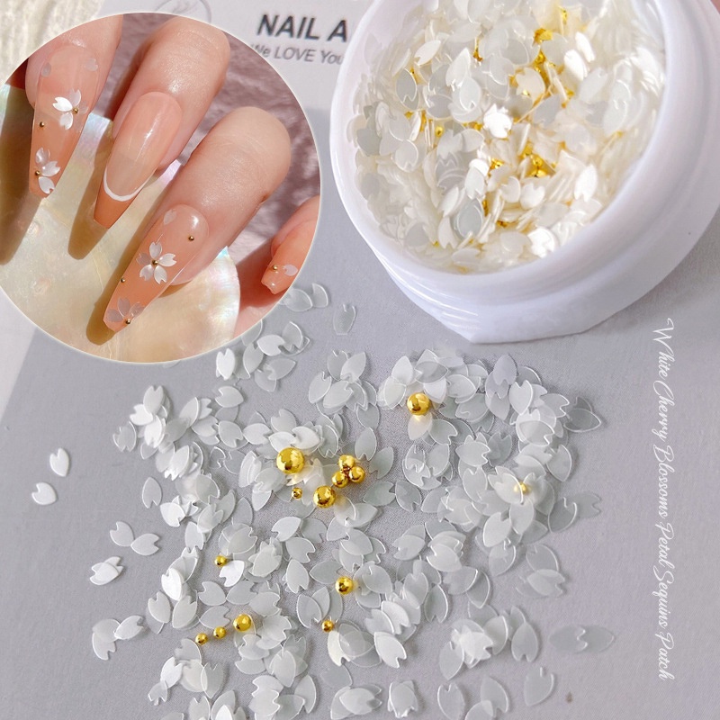[ COD ] Hiasan Kuku Serbuk Flower+Mutiara Nail/Nail Art Accessories White Flower &amp; Pink Flower/Untuk Nail Art