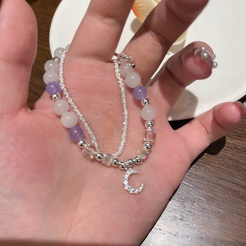 Papaozhu Elegan Kristal Bulan Pesona Opal Manik-Manik Gelang Untuk Wanita Gadis Indah Glittery Sequin Permata Beads Bracelet Perhiasan Hadiah Untuk Pacar