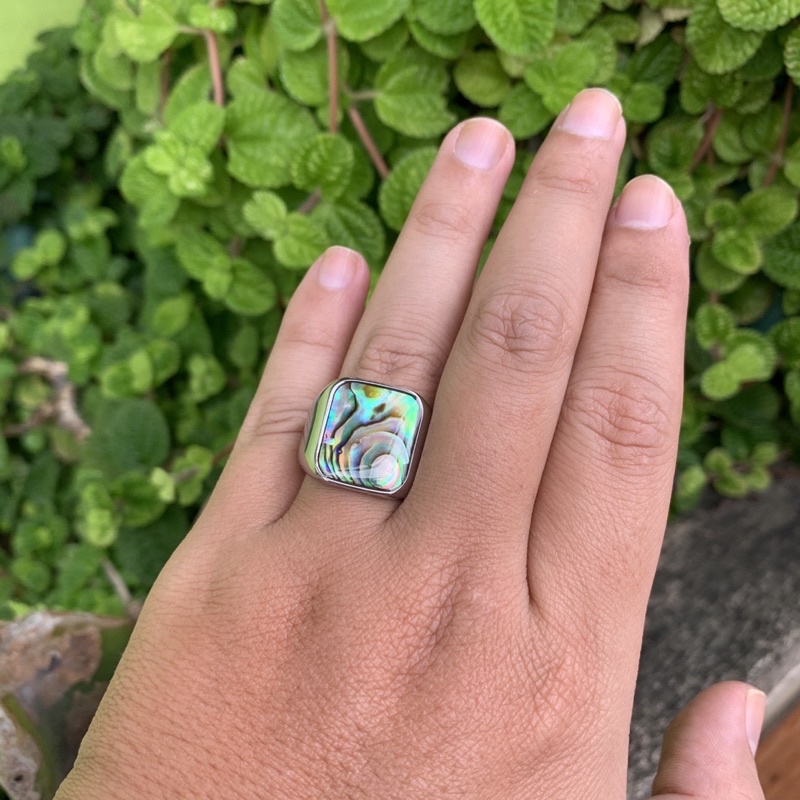 Cincin Batu Kerang Mutiara Abalone Shell Rainbow Ring Titanium Stainless Steel