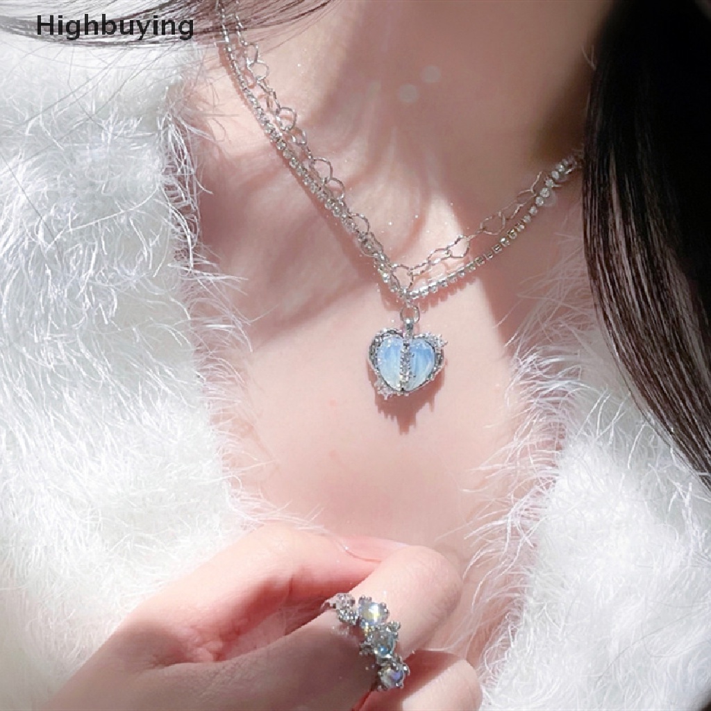 Kalung Multilayer Liontin Hati Opal Mutiara Bahan Logam Warna Silver Gaya Korea Untuk Wanita Glory