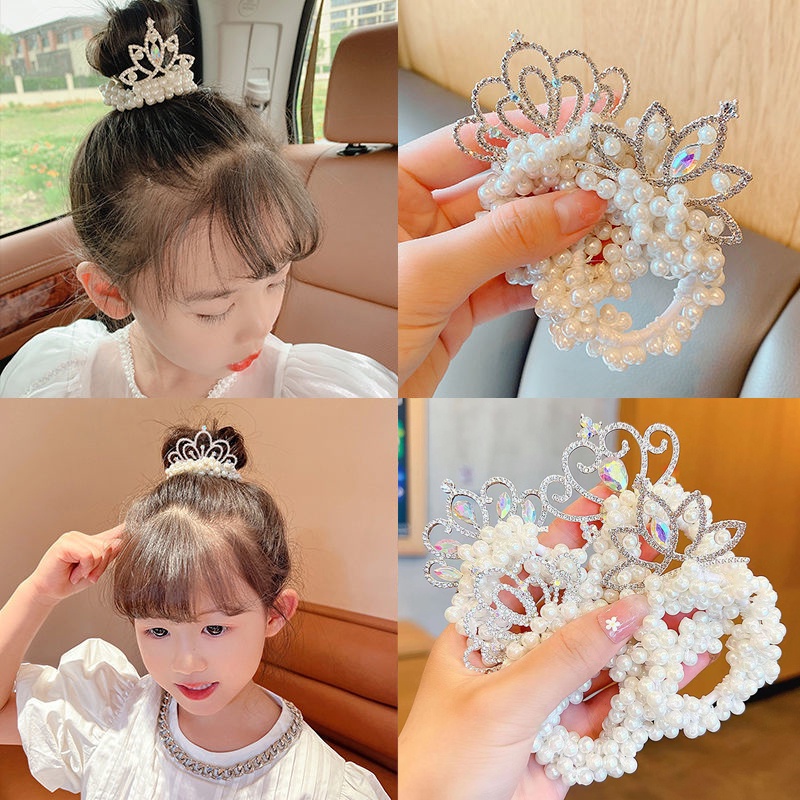 Ikat Rambut Bahan Karet Aksen Mahkota Mutiara Untuk Anak Perempuan