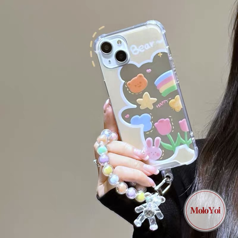 Casing Soft Case + Cermin + Gelang Mutiara Imitasi Untuk iPhone 11 / 12 / 13 / 14 Pro Max / 7 / 8 / 14 + / XR / X / XS Max