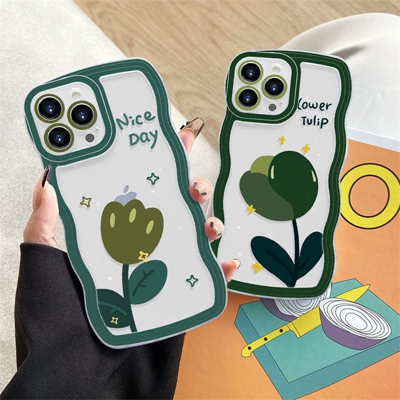 Soft Case Silikon Transparan Motif Bunga Hijau Untuk iPhone 14 13 12 11 Pro Max X Xr Xs Max 8 7 6 6s Plus