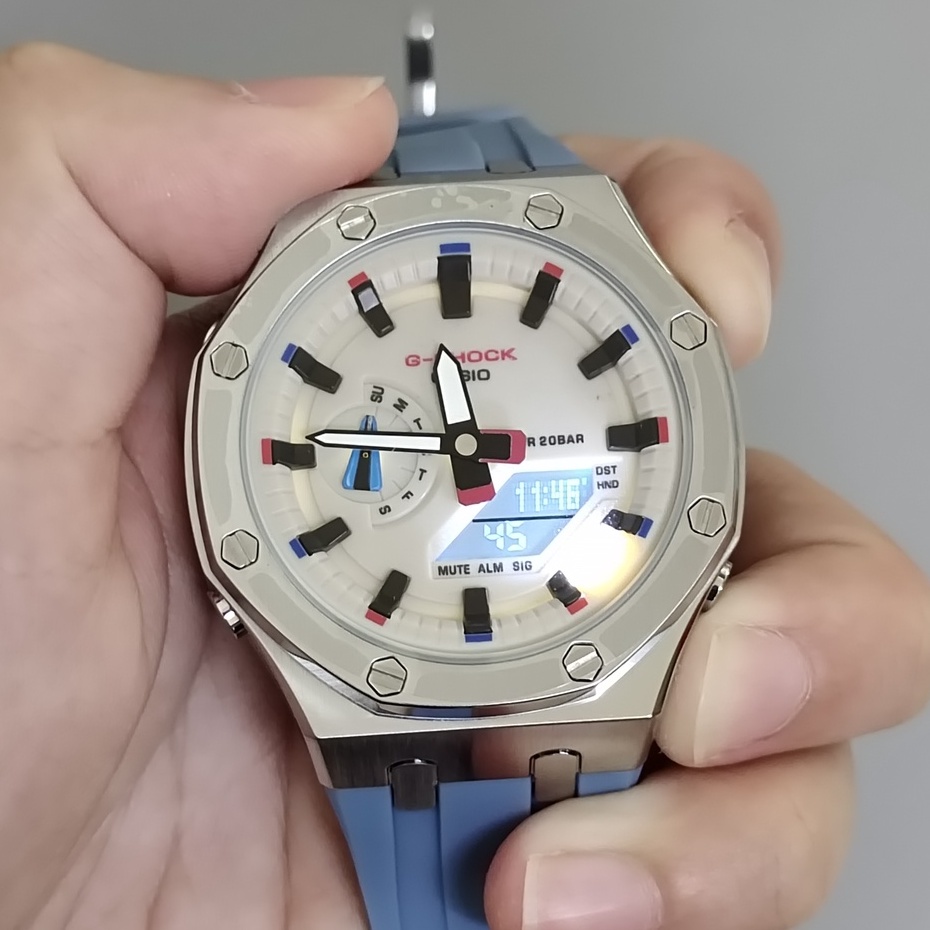 Casio G-Shock GM-2100 GM-2100AP BABY BLUE TMJ CUSTOM TO AP STAINLESS STEEL HEAD RUBBER STRAP ATUOLIGHT GEN 1