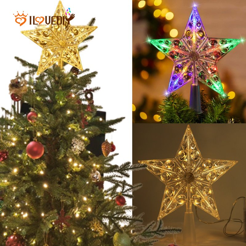 Ornamen Lampu LED Bentuk Bintang Pentagram Bahan Plastik Tenaga Baterai Untuk Dekorasi Pohon Natal