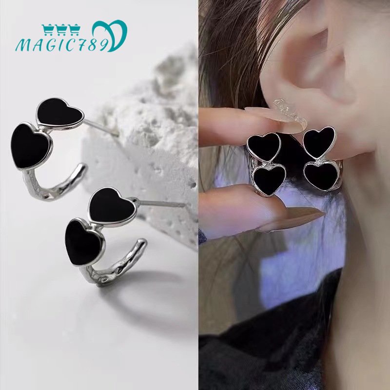 Magic789 Anting Tusuk Silver s925 Bentuk Hati Hitam Untuk Wanita