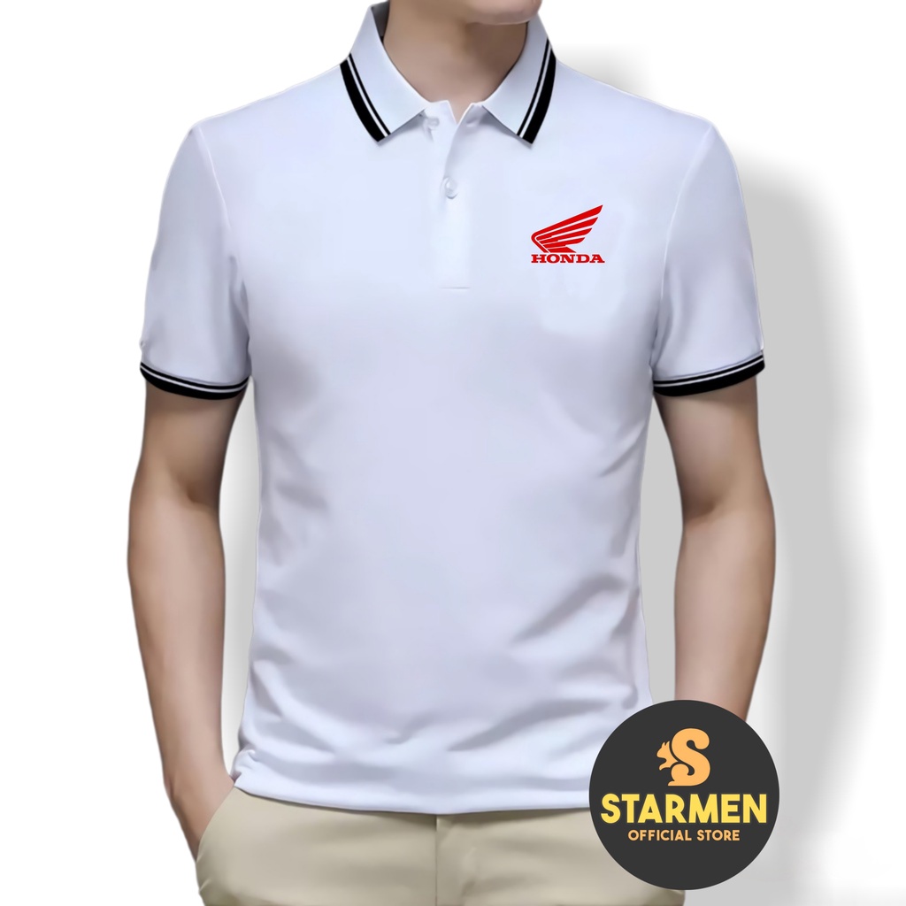 Kaos Polo Shirt Pria Kerah List Putih Logo HONDA RED