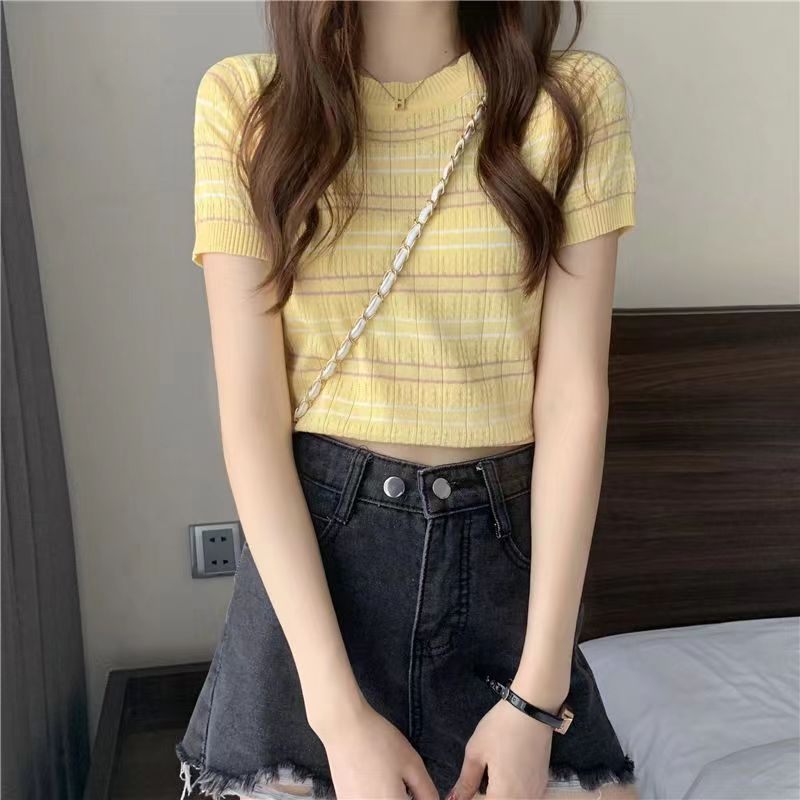 Kaos Atasan Rajut Crop Top Rajut Wanita Lengan Pendek Stripe Model Korea Untuk Wanita T-shirt Vintage