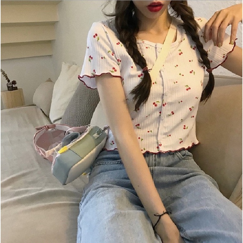 KOREAN KNITT CROP TOP/BAJU RAJUT CROP MOTIF CHERY IMPORT (BJCN133)