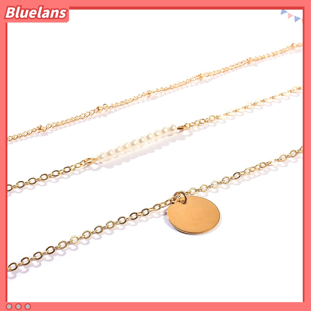 Bluelans Women Stylish Faux Pearls Polished Coin Charm Pendant Three Layers Necklace