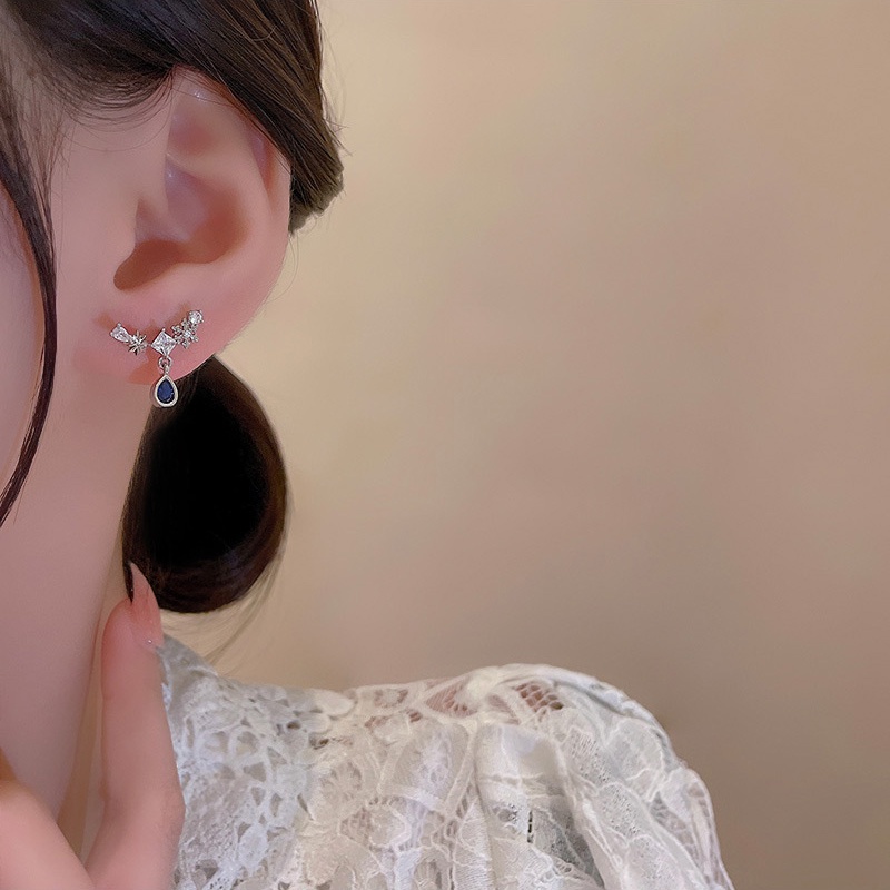 Anting Tusuk Sterling silver 925 Desain Bintang Hias Kristal Zircon Biru Mewah Untuk Wanita