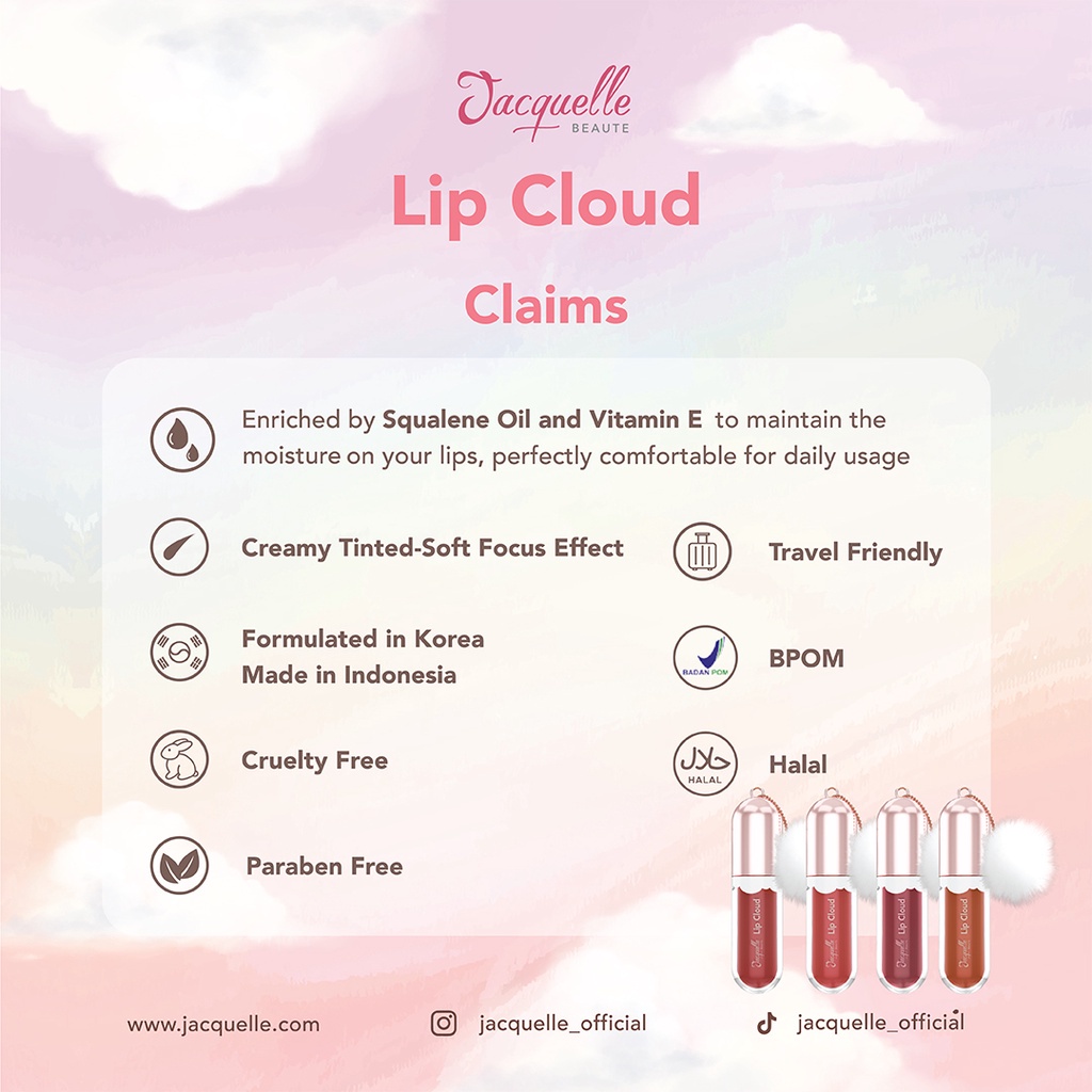 Jacquelle Lip Cloud (Hybrid Lip Cream &amp; Lip Care) - Satin Finish Lipcloud with Squalene Oil and Vitamin E