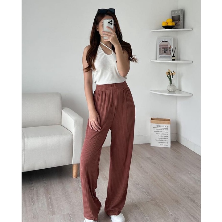 KIA KNIT PANTS HIGH WAIST PREMIUM KOREA - CULLOTES KNIT LONG PANTS - KOREAN LOOSE PANTS TROUSERS WANITA - LOUNGEWEAR - CELANA KULOT SALUR BESAR COMFY WANITA JUMBO XXL XXXL BERKUALITAS - CELANA CASUAL FULL KARET - HADIAH / KADO ULTAH CEWEK