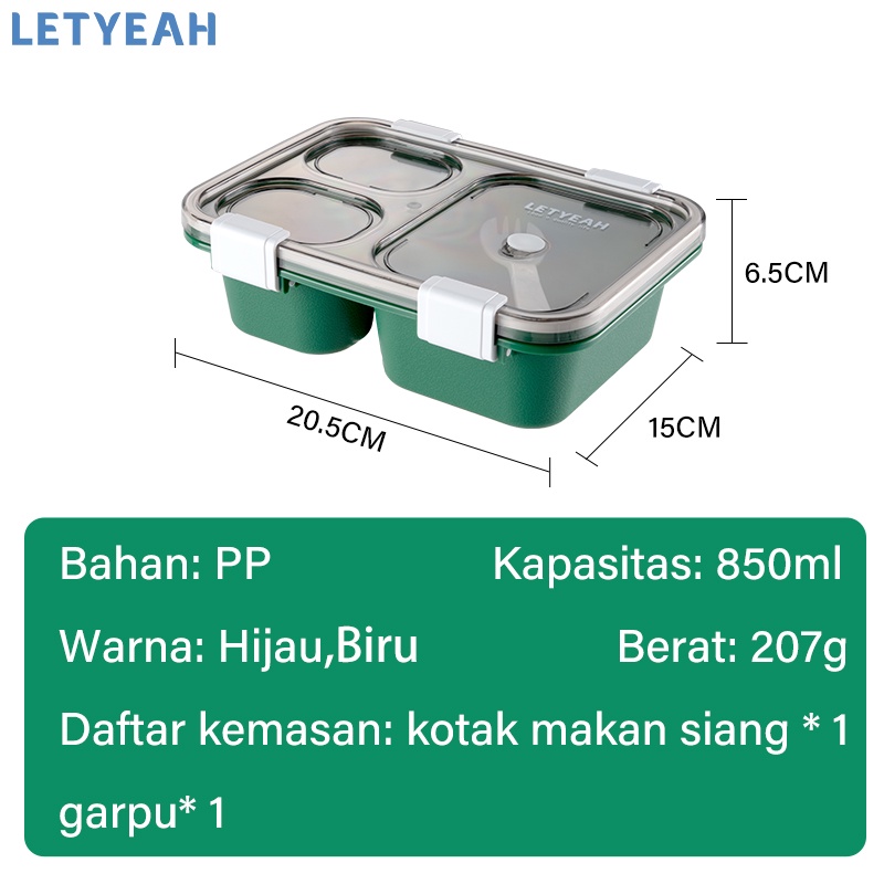 letyeah Lunch box anak /850ml kotak makan anti tumpah /tempat makan 3 grid /BPA free